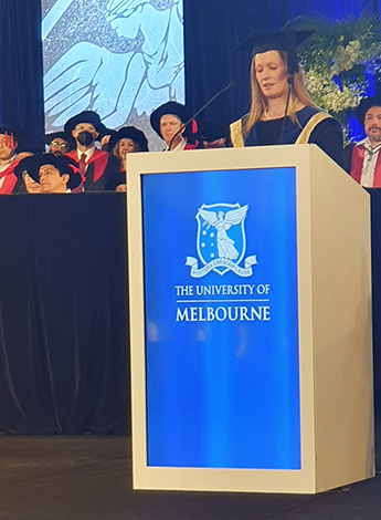 Catherine delivering the Occasional Address at the University of Melbourne graduation in 2022.